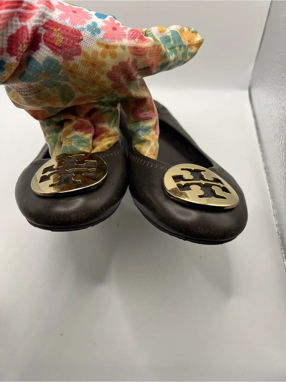 Tory Burch Dark Brown Leather Logo Ballet Flats with Gold Emblem